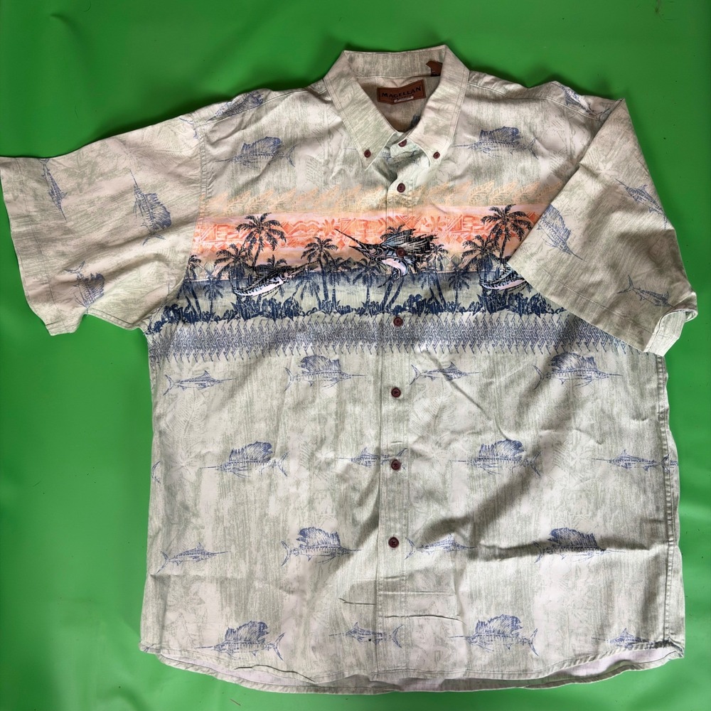 Magellan Marlin Fish AOP Button Up Shirt Mens 2X Tropical Vacation 100% Cotton